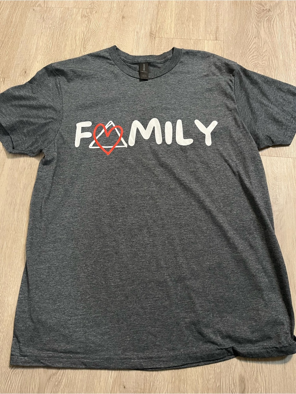 Charcoal Heather Tee with FAMILY Print and Red Heart/Triangle Symbol of Adoption